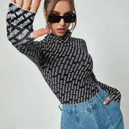 Stylecast X Slyck Typography Printed High Neck Fitted Top-image-86