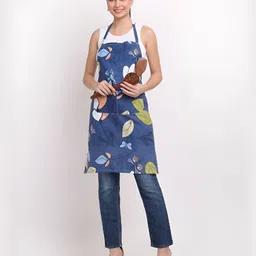 Arrabi Blue & White Leaf Printed Cotton Aprons With Pockets-42