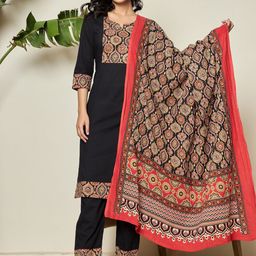 SHRIZA Women Ethnic Motifs Regular Pure Cotton Kurti with Trousers & With Dupatta-45