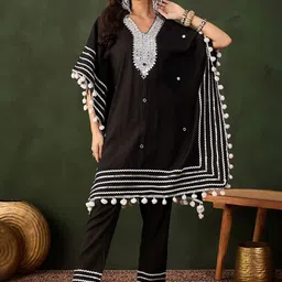Sangria Embroidered Mirror Work Kaftan With Trousers-picture-57