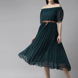 BAESD Checked Off-Shoulder Georgette A-Line Midi Dress-16