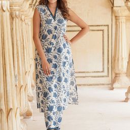KALINI Women Floral Printed Regular Thread Work Pure Cotton Kurta with Trousers-22