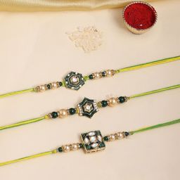 KARATCART Set Of 3 Enamel Star Design Kundan Thread Rakhi for Brother with Roli & Chawal-30