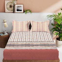 VINTANA White & Orange Ethnic Motifs 210 TC King Bedsheet with 2 Pillow Covers-image-105