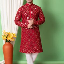 AHLAN APPARELS Geometric Embroidered Sequinned Dupion Silk Kurta With Pyjamas-picture-27