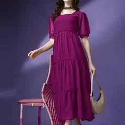 Raiyani Enterprise Women Fit & Flare Puff Sleeve Gathered Midi Dress-image-91