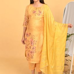 GOLDSTROMS Women Floral Printed Regular Silk Georgette Kurta with Trousers & With Dupatta-image-92