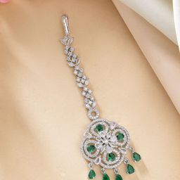 ZENEME Rhodium-Plated American Diamond Studded Maang Tikka Head Jewellery-image-49