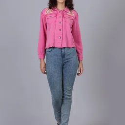 POPPIES LANE Women Cotton Crop Denim Jacket with Embroidered-image-57