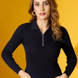 98 Degree North Women Ribbed Shirt Collar Pullover-picture-19
