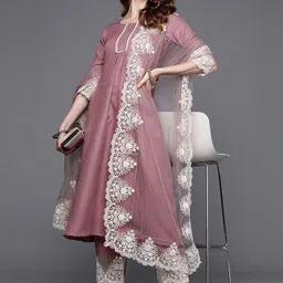 KLOSIA Women Ethnic Motifs Embroidered Pleated Thread Work Kurta with Trousers & Dupatta-picture-43