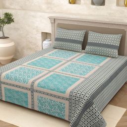 Myntra Elegant Homes Blue & Beige Ethnic Motifs 210 TC Queen Bedsheet with 2 Pillow Covers-image-72