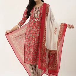 Fourleaf Floral Printed Round Neck Pure Cotton Straight Kurta With Trousers & Dupatta-image-1