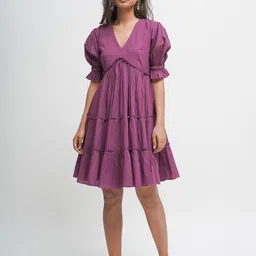 Tailor Didi Women Puff Sleeve Ruffled Organic Cotton Empire Dress-image-74