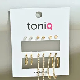 ToniQ Set of 6 Gold-Toned CZ Party Stud Drop & Hoop Earrings-18