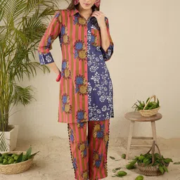 Indo Era Floral Screen Printed Shirt Collar Pure Cotton Straight Kurta With Trousers-picture-46