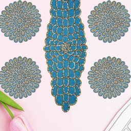 YWULY 5-Pcs Blue & White Floral Embellished Table Linen Set-23