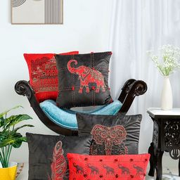 Mid July Home Black & Red Set of 5 Ethnic Motifs Velvet Square Cushion Covers-4