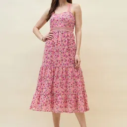 aayu Floral Printed Layered Georgette Fit & Flare Midi Dress-image-7