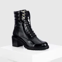 Oroh Women Solid Block Heeled Leather Biker Boots-21