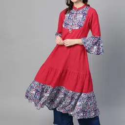 YASH GALLERY Women Pink & Blue Ajrkah Yoke-Design Tiered A-Line Kurta-picture-13
