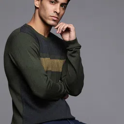 Raymond Men Olive Green & Yellow Striped Striped Pullover-picture-56