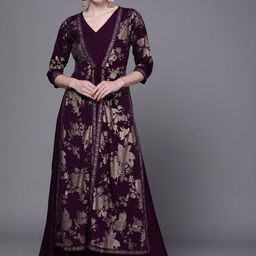 Ahalyaa Women Burgundy Floral Fit & Flare Maxi Ethnic Dress-image-44