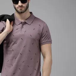 The Roadster Lifestyle Co. Men Mauve & Black Printed Pure Cotton Polo Collar T-shirt-image-49