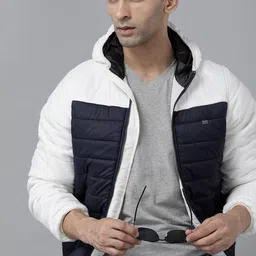Roadster Men White & Navy Blue Colourblocked Padded Jacket-image-27