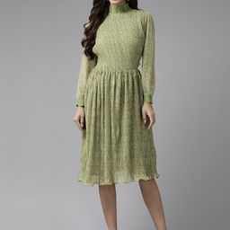 Aarika Green Floral Print Georgette Fit & Flare Dress-image-16