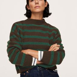 MANGO Women Charcoal Grey & Green Striped Pullover Sweater-image-24