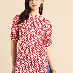 A&K Pure Cotton Geometric Print Mandarin Collar Roll-Up Sleeves Longline Top-picture-20