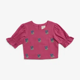 Utsa Kids by Westside Pink Floral Embroidered Cotton Blend Top-image-60