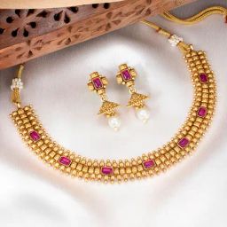 Peora Gold Plated Pink Synthetic Stone Studded Necklace & Earrings Set-image-72