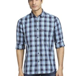 ColorPlus Blue Cotton Tailored Fit Checks Shirt-image-76