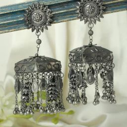 Aatmana Oxidised Silver-Toned Antique Handcrafted Tasselled Jhumki Earrings for Women-17