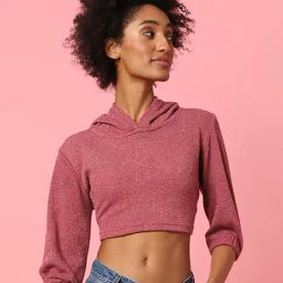 Campus Sutra Peach Polyester Embellished Crop Hoodie-picture-18