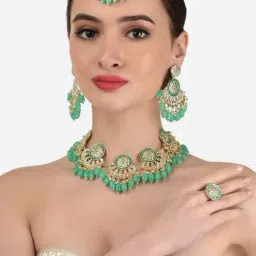 Zaveri Pearls Green Enamel Crescent Kundan Choker Necklace Earring Maangtikka Ring Set-ZPFK12481-image-67