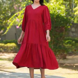 Janasya Red Solid Janasya Women's Red Rayon Solid Tiered Dress-image-40