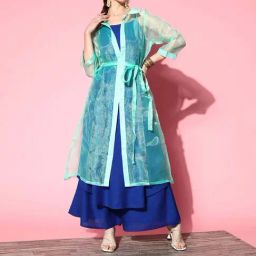 Inweave Blue & Green Kurta & Palazzo Set with Cape-image-2