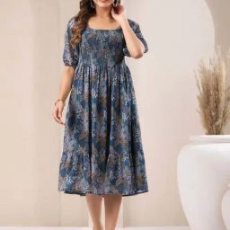 Janasya Blue Floral Janasya Women's Teal Georgette Floral Printed Tiered Dress-picture-18
