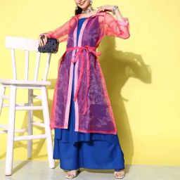 Inweave Blue & Pink Kurta & Palazzo Set with Cape-image-75