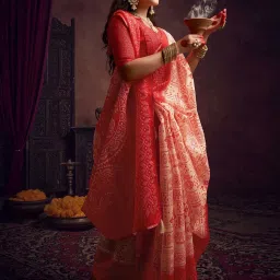 Satrani Cream & Red Cotton Silk Printed Saree With Unstitched Blouse image 4