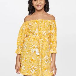 Global Desi Girl Kids Yellow Floral Print Casual Dress-image-38