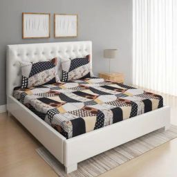 Romee Geometric Mustard 144 TC Cotton Queen Sized Bed Sheet with 2 Pillow Covers-image-85