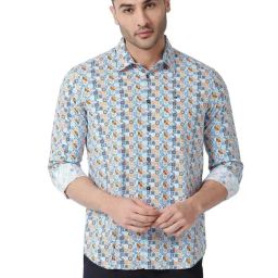 Basics Blue Slim Fit Printed Shirt-image-37