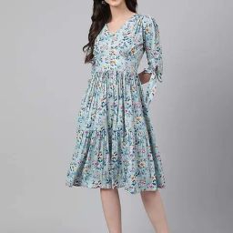 Janasya Blue Printed A-Line Dress-image-32