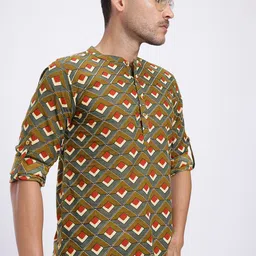Anouk Rustic Geometric Print Pure Cotton Band Collar Roll-Up Sleeves Straight Kurta-picture-48