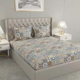 Raymond Home Vision Blue & Yellow 144 TC Cotton King Bedsheet with 2 Pillow Covers-image-91