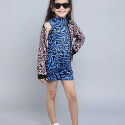 taffykids Girls Abstract Printed Mandarin Collar Crop Top With Shorts & Jacket-picture-16